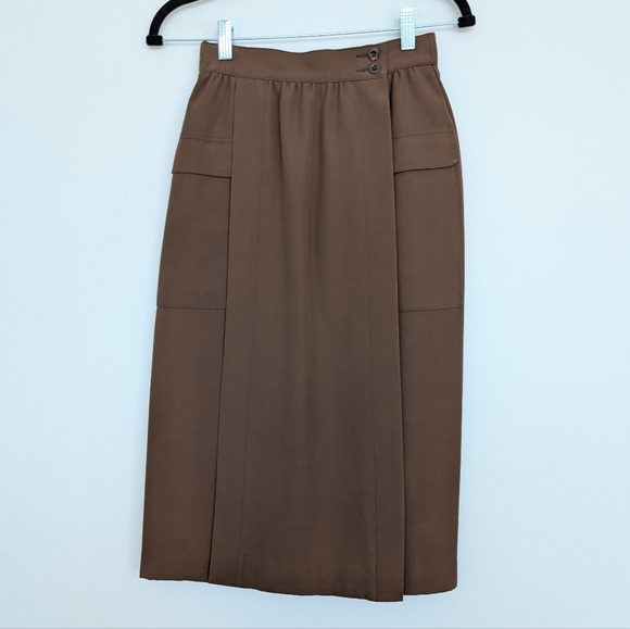 Vintage 80s Escada Pure New Wool Wrap Front Brown Utility Midi Skirt Sz 36/XS - Picture 1 of 16